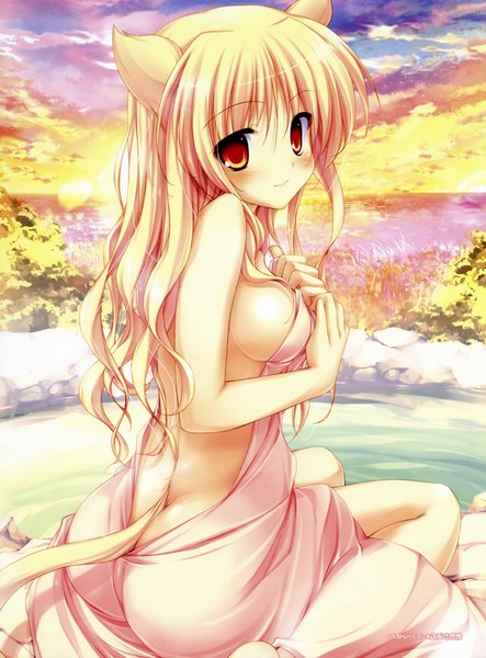 Anime picture 3543x4798 with original fujisaki rei single long hair tall image blush highres blonde hair smile red eyes animal ears absurdres sky cloud (clouds) tail animal tail back girl water