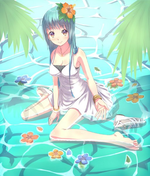 Anime picture 855x1000 with original touboku single long hair tall image looking at viewer blush fringe breasts smile sitting brown eyes blue hair cleavage bent knee (knees) barefoot hair flower bare legs wet no shoes