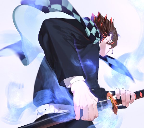 Anime picture 2425x2150 with kimetsu no yaiba ufotable kamado tanjirou xtecubimicx single highres short hair brown hair upper body traditional clothes japanese clothes from behind fighting stance checkered unsheathing aura boy weapon earrings sword