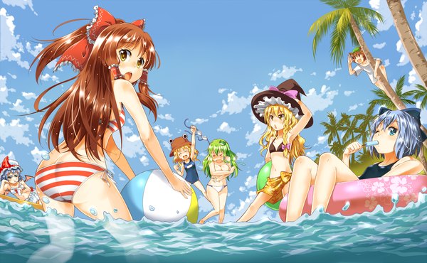 Anime picture 1000x618 with touhou hakurei reimu remilia scarlet kirisame marisa kochiya sanae cirno moriya suwako chen danzero (daniwae) long hair looking at viewer short hair open mouth blue eyes light erotic blonde hair smile brown hair wide image bare shoulders