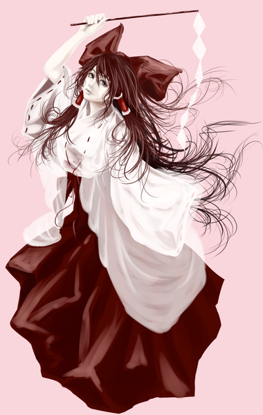 Anime picture 1260x1988 with touhou hakurei reimu akaikitsune single long hair tall image simple background brown hair brown eyes traditional clothes japanese clothes lips pale skin miko girl bow hair bow detached sleeves chihaya (clothing)