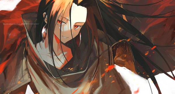 Anime picture 907x487 with shaman king xebec asakura hao hou (ppo) single long hair looking at viewer red eyes brown hair wide image upper body shaded face boy earrings