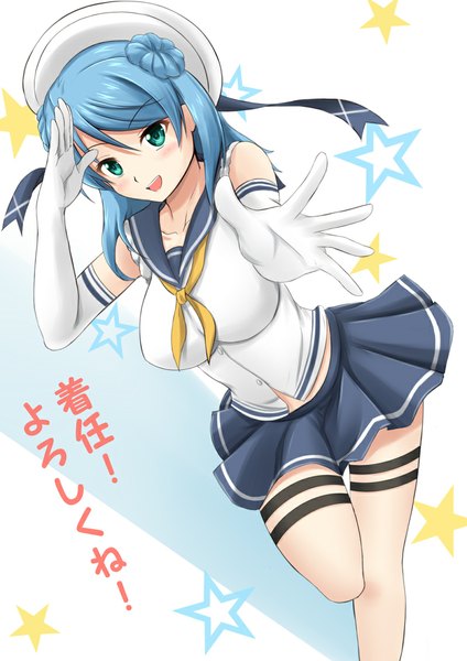Anime picture 800x1131 with kantai collection urakaze destroyer fuuma nagi single long hair tall image blush open mouth blue eyes bare shoulders blue hair girl skirt gloves elbow gloves star (symbol) sailor suit peaked cap