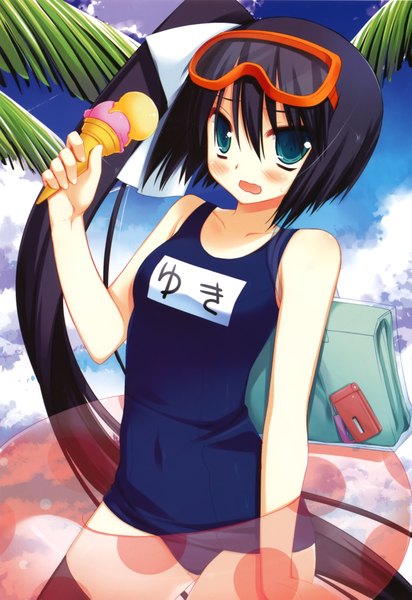 Anime picture 2604x3793 with miyasu risa long hair tall image blush highres light erotic black hair green eyes one side up girl swimsuit plant (plants) tree (trees) food sweets one-piece swimsuit ice cream palm tree school swimsuit