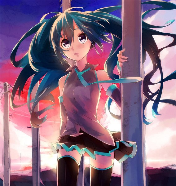 Anime picture 1000x1055 with vocaloid hatsune miku single long hair tall image blue eyes twintails bare shoulders cloud (clouds) pleated skirt wind aqua hair zettai ryouiki evening sunset girl thighhighs necktie