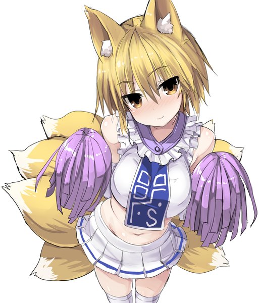 Anime picture 1719x2000 with touhou yakumo ran greatmosu single tall image blush fringe highres short hair breasts blonde hair smile large breasts standing bare shoulders animal ears yellow eyes tail animal tail pleated skirt
