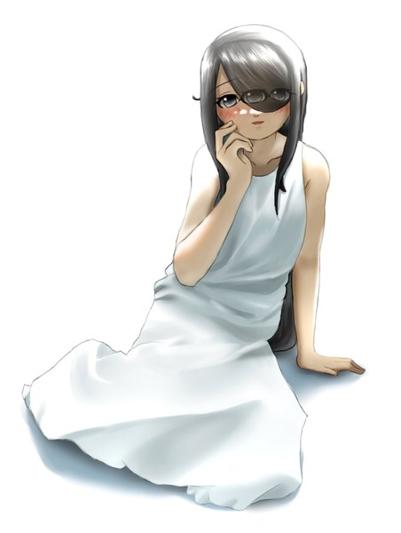 Anime picture 2894x3844 with original kakiagemaru single long hair tall image looking at viewer blush fringe highres open mouth black hair simple background smile white background sitting bare shoulders full body black eyes arm support sleeveless