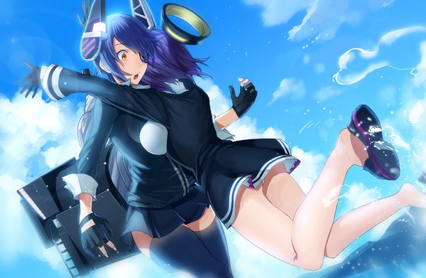 Anime picture 1100x718 with kantai collection tenryuu light cruiser tatsuta light cruiser kgr blush short hair open mouth red eyes multiple girls blue hair purple hair zettai ryouiki hug surprised girl thighhighs dress skirt gloves black thighhighs