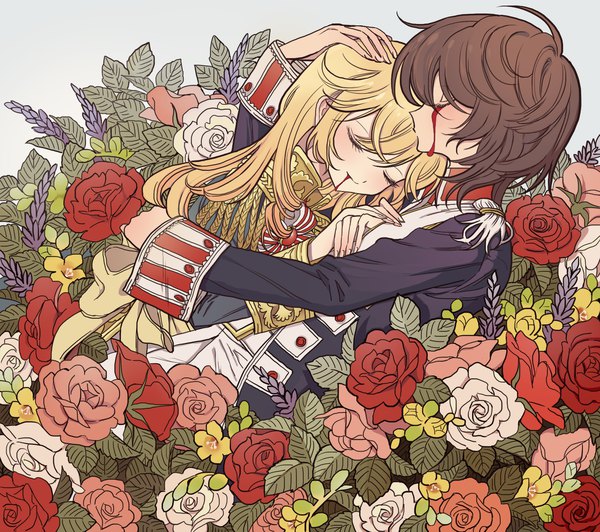 Anime picture 1300x1153 with rose of versailles oscar francois de jarjayes andre grandier kue kue kue long hair short hair blonde hair brown hair lying eyes closed profile couple hug blood on face hand on another's head bleeding girl boy uniform flower (flowers)