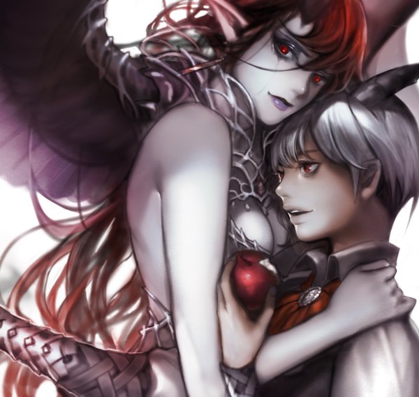 Anime picture 1582x1499 with original ddongu long hair short hair open mouth light erotic red eyes cleavage silver hair red hair horn (horns) couple hug lipstick demon girl demon girl boy wings fruit