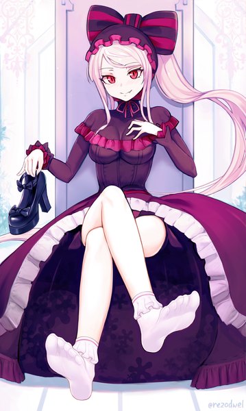 Anime picture 3392x5661 with overlord (maruyama) madhouse shalltear bloodfallen rezodwel single long hair tall image looking at viewer fringe highres smile red eyes sitting holding signed payot absurdres silver hair full body ponytail
