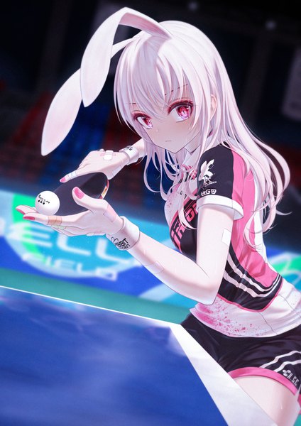 Anime picture 2894x4093 with tsumi no hahen (debris) lirin (bae.c) bae.c single long hair tall image looking at viewer blush fringe highres hair between eyes red eyes standing holding animal ears white hair indoors nail polish blurry short sleeves