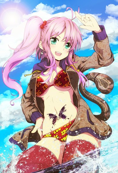Anime picture 1536x2244 with original tom (drpow) single long hair tall image open mouth light erotic green eyes pink hair cloud (clouds) open clothes open jacket tattoo side ponytail girl thighhighs navel swimsuit bikini red bikini