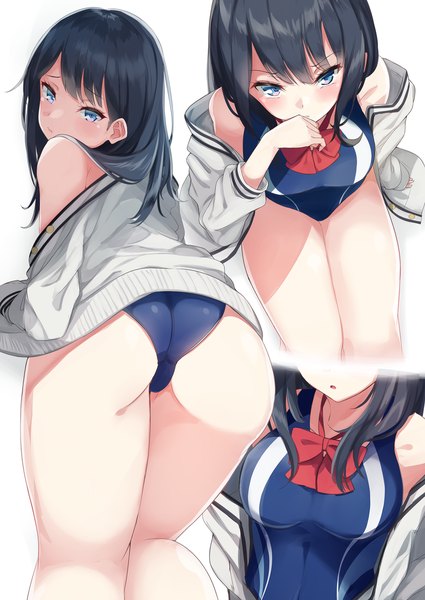 Anime picture 860x1214 with gridman universe ssss.gridman studio trigger takarada rikka igayan long hair tall image looking at viewer blush fringe breasts open mouth blue eyes light erotic black hair simple background hair between eyes white background ass looking back