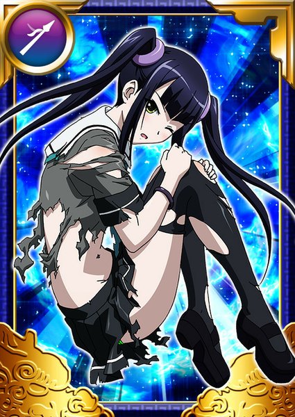 Anime picture 567x800 with ikkitousen saji genpou (true) single long hair tall image looking at viewer open mouth light erotic black hair twintails yellow eyes one eye closed torn clothes card (medium) girl thighhighs black thighhighs