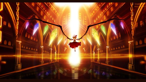 Anime picture 1920x1080 with touhou flandre scarlet single highres short hair blonde hair red eyes wide image sunlight magic light weightlessness girl dress wings chain crystal