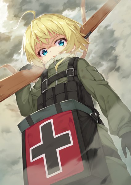 Anime picture 1032x1457 with youjo senki tanya degurechaff tomifumi single tall image looking at viewer short hair blue eyes blonde hair ahoge from below weapon over shoulder girl gloves uniform weapon black gloves gun military uniform