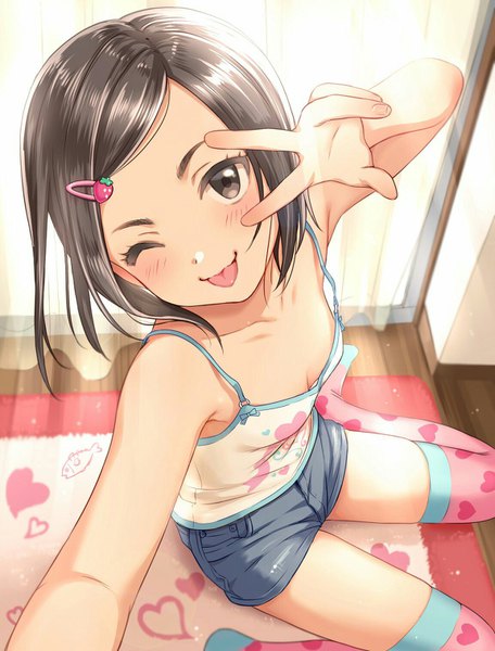 Anime picture 1152x1514 with original tsukana (saba mizore) single tall image looking at viewer blush short hair light erotic black hair sitting bare shoulders brown eyes cleavage bent knee (knees) one eye closed wink loli wariza victory flat chest