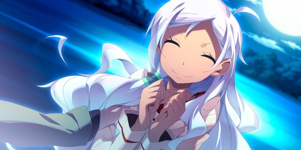 Аниме картинка 2400x1200 с kaminoyu (game) длинные волосы высокое разрешение улыбка широкое изображение game cg фиолетовые волосы закрытые глаза девушка луна