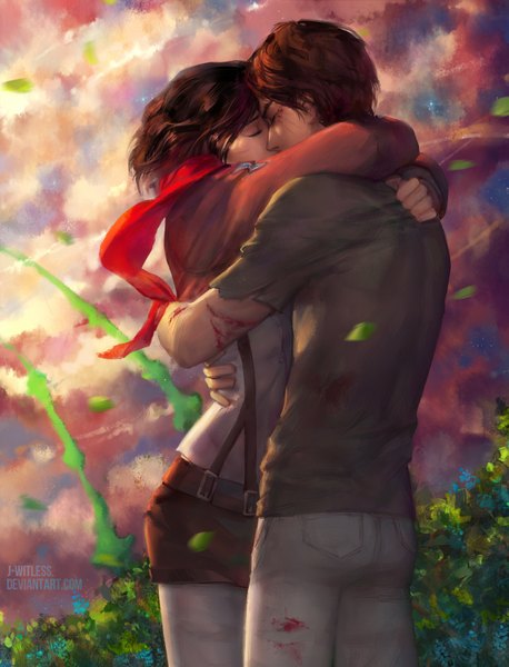 Anime picture 1333x1747 with shingeki no kyojin production i.g mikasa ackerman eren yaeger j-witless tall image short hair brown hair standing sky eyes closed from behind couple hug face to face kiss girl boy plant (plants) scarf