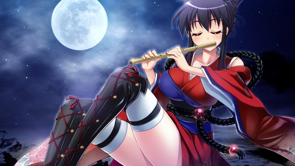 Anime picture 1280x720 with sangoku hime unicorn-a long hair light erotic black hair wide image game cg eyes closed traditional clothes night girl thighhighs white thighhighs moon