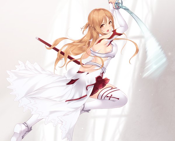 Anime picture 1920x1555 with sword art online a-1 pictures yuuki asuna cait single long hair looking at viewer blush fringe highres open mouth light erotic hair between eyes brown hair holding brown eyes full body ass braid (braids) arms up