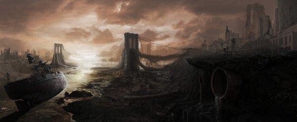 Anime picture 5950x2450 with tagme (artist) highres wide image absurdres cloud (clouds) city evening sunset cityscape landscape ruins building (buildings) watercraft ship