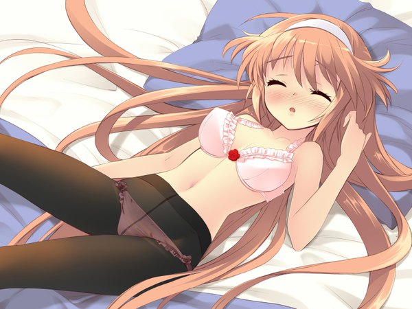 Anime picture 1600x1200 with alice parade miori (alice parade) itou noiji single long hair blush open mouth light erotic blonde hair game cg lying eyes closed girl underwear panties pantyhose lingerie bra hairband bed