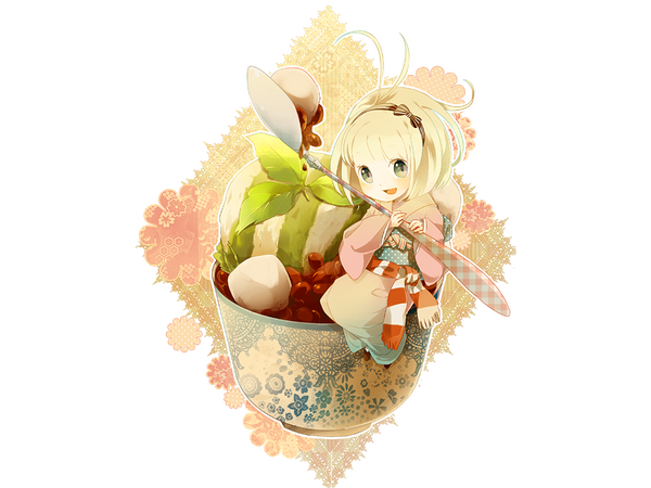 Anime picture 1024x768 with ao no exorcist a-1 pictures moriyama shiemi single blush short hair open mouth blonde hair green eyes traditional clothes japanese clothes transparent background chibi girl hairband spoon