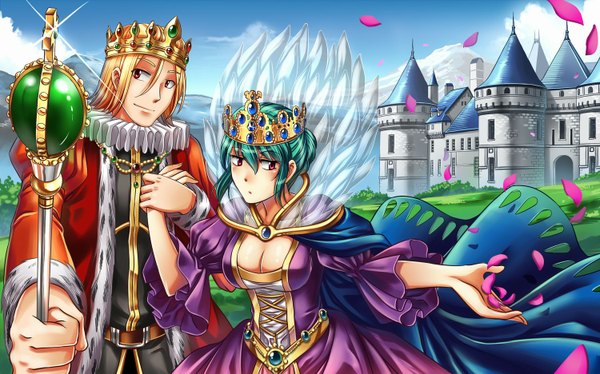 Anime picture 1500x936 with arseniquez short hair blonde hair red eyes wide image cleavage light smile aqua hair couple holding hands mountain girl boy petals crown castle