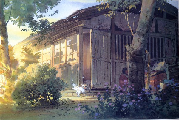 Anime picture 2119x1428 with pom poko studio ghibli kazuo oga highres sky shadow evening sunset no people landscape plant (plants) animal tree (trees) window bird (birds) leaf (leaves) grass house door raccoon