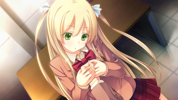 Anime picture 1280x720 with innocent bullet yasouji ai long hair blonde hair wide image green eyes game cg girl skirt uniform bow hair bow school uniform bowtie