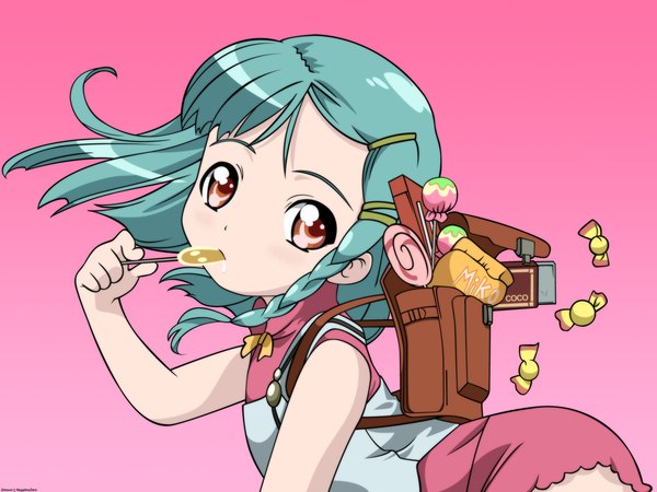 Anime picture 1600x1200 with simoun rimone negativezero single long hair looking at viewer red eyes braid (braids) aqua hair gradient background pink background eating vector girl food sweets candy lollipop backpack