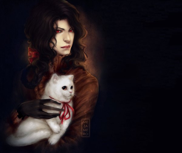 Anime picture 1332x1116 with the picture of dorian gray dorian gray mezamero long hair red eyes lips realistic wavy hair boy gloves bow ribbon (ribbons) hair bow animal cat