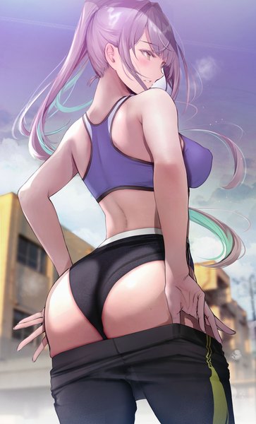 Anime picture 1814x3000 with original gentsuki single long hair tall image fringe highres breasts light erotic large breasts bare shoulders yellow eyes payot looking away sky outdoors ass ponytail parted lips profile