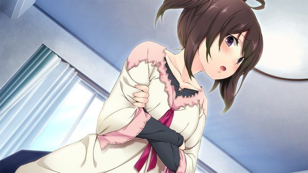 Anime picture 1280x720 with tsuisou no augment hinasaki you blush short hair open mouth black hair wide image purple eyes game cg crossed arms girl
