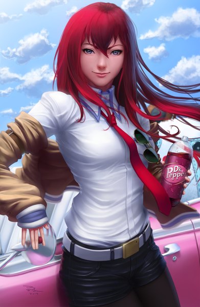 Anime picture 783x1200 with steins;gate white fox dr pepper makise kurisu digiflohw single long hair tall image looking at viewer fringe smile hair between eyes purple eyes holding signed payot sky cloud (clouds) red hair wind