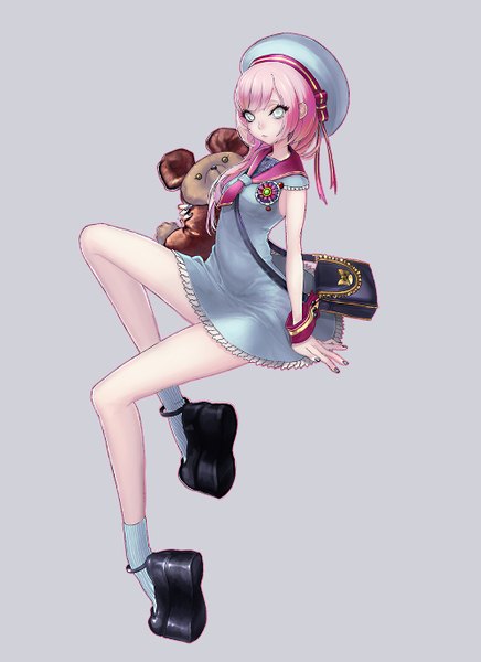 Anime picture 1000x1376 with original si (pixiv) single long hair tall image looking at viewer simple background sitting holding green eyes pink hair bent knee (knees) nail polish grey background platform heels girl dress socks toy bag