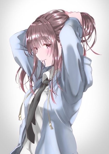 Anime picture 1032x1457 with original batta-1225 single long hair tall image simple background red eyes brown hair holding payot looking away upper body grey background mouth hold adjusting hair tying hair hair tie in mouth girl hood hair tie