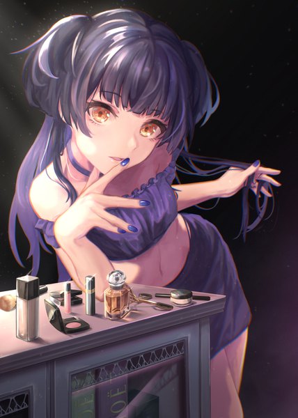 Anime picture 2406x3372 with idolmaster idolmaster shiny colors mayuzumi fuyuko inumantle single long hair tall image highres black hair simple background yellow eyes nail polish sparkle leaning two side up adjusting hair finger to mouth black background blue nail polish girl
