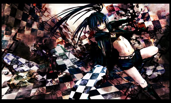 Anime picture 1500x912 with black rock shooter black rock shooter (character) 317/miiina (pixiv) single long hair blue eyes black hair wide image twintails border scar checkered floor checkered checkered background girl shorts chain bikini top
