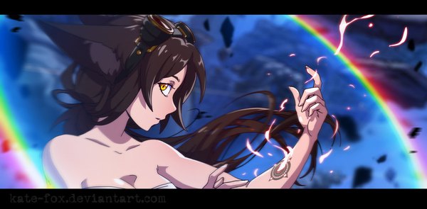 Anime picture 1024x505 with original katrin fox kate-fox single long hair looking at viewer light erotic brown hair wide image bare shoulders animal ears yellow eyes cleavage profile tattoo fox ears magic girl goggles rainbow
