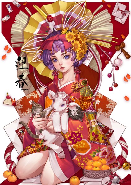 Anime picture 2480x3508 with dong xiao single tall image blush highres short hair purple eyes purple hair hair flower lips girl hair ornament flower (flowers) bow hair bow animal food bell cat fruit