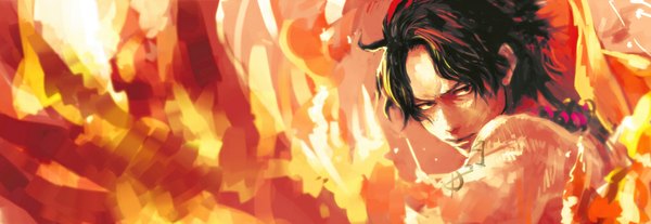 Anime picture 1010x350 with one piece toei animation portgas d. ace tsuyomaru single short hair black hair wide image looking away tattoo boy beads fire flame