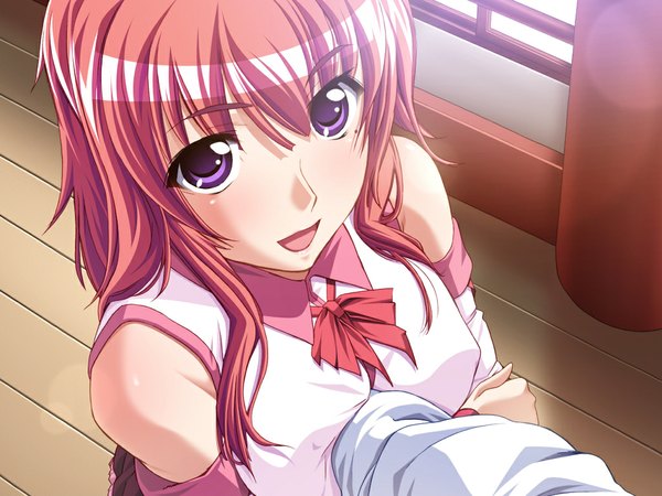Anime picture 1024x768 with hime to majin to koi suru tamashii long hair open mouth purple eyes game cg red hair girl