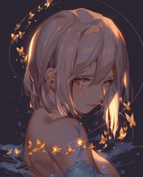 Anime picture 1086x1349 with fate (series) fate/grand order koha-ace okita souji (fate) (all) okita souji (koha-ace) orange sekaii single tall image looking at viewer blush fringe short hair breasts light erotic simple background blonde hair hair between eyes bare shoulders payot upper body