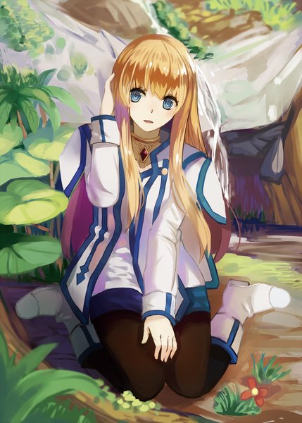 Anime picture 1036x1449 with tales of (series) tales of symphonia collet brunel ryuuno6 single long hair tall image looking at viewer fringe open mouth blue eyes blonde hair sitting full body bent knee (knees) outdoors adjusting hair wariza girl dress