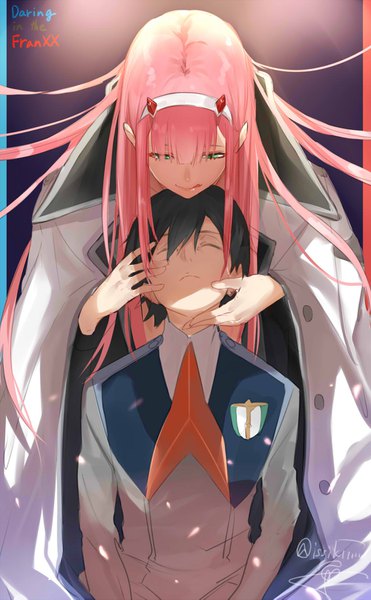 Anime picture 1000x1615 with darling in the franxx studio trigger zero two (darling in the franxx) hiro (darling in the franxx) isshiki (ffmania7) long hair tall image fringe short hair black hair hair between eyes green eyes signed payot pink hair blunt bangs eyes closed horn (horns) copyright name twitter username