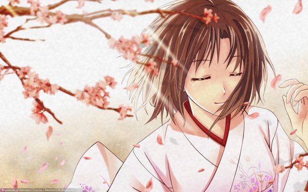 Anime picture 1920x1200 with kara no kyoukai type-moon ryougi shiki chobipero valuna single highres short hair smile brown hair wide image signed eyes closed traditional clothes japanese clothes wind cherry blossoms dated vector third-party edit