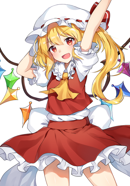 Anime picture 700x1000 with touhou flandre scarlet caramell0501 single tall image blush short hair open mouth simple background blonde hair red eyes white background looking away arm up puffy sleeves one side up hand on head girl skirt hat